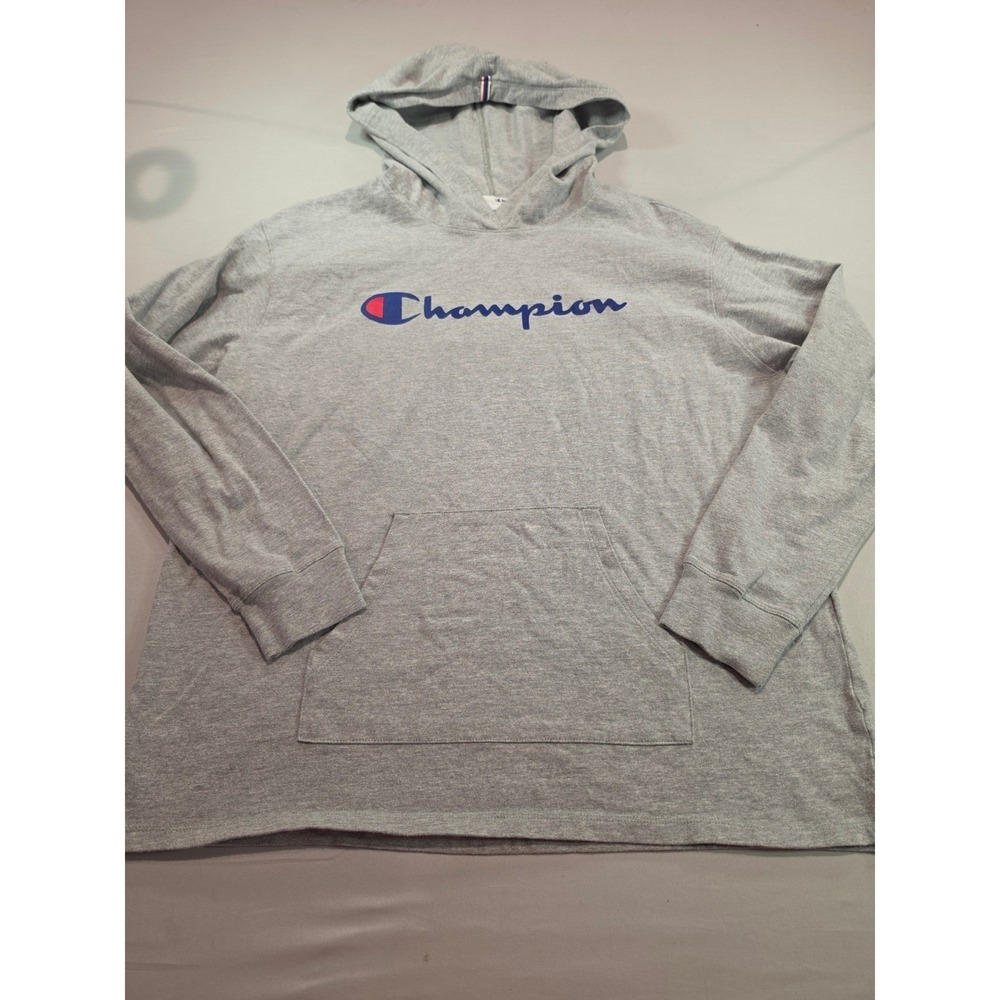 Champion Mens Gray Script Logo Hoodie Long Sleeve T-Shirt‎ Size Large 1050